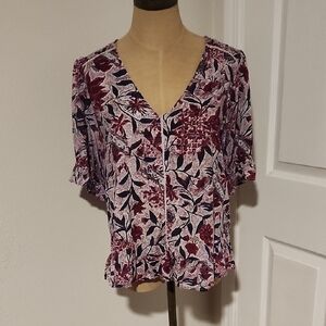 Floral V-Neck Blouse - Red and Black